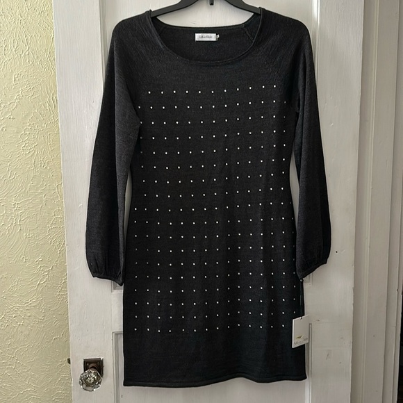NWT Calvin Klein Grey Wool Blend Lightweight Rhinestone Sweater Dress - Picture 1 of 8
